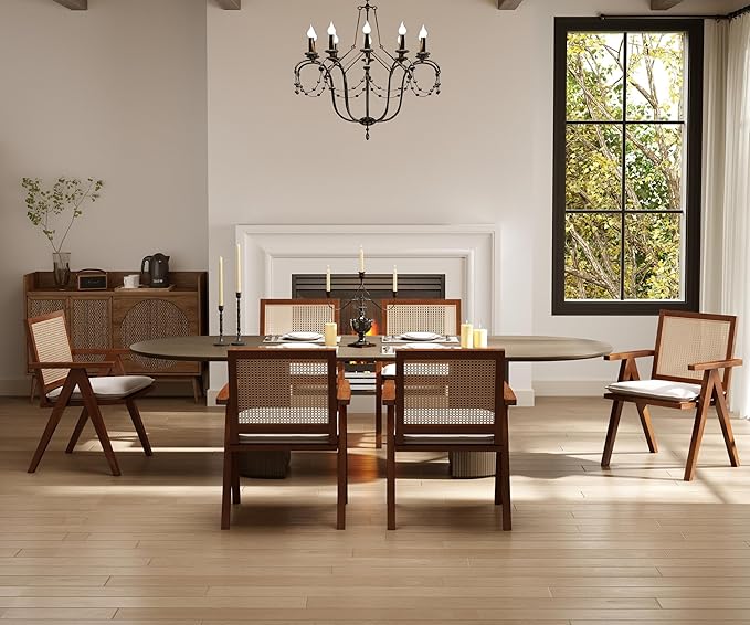 Rattan Dining Chairs Set of 6, Farmhouse Wicker Dining Chairs with Removable Linen Cushion Accent Cane Armchair for Dining Room Kitchen Restaurant, Walnut