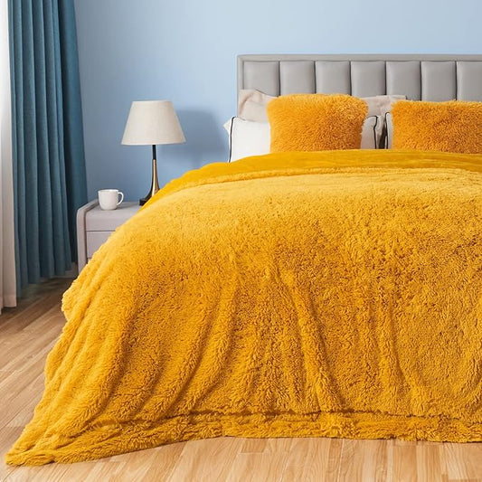 GONAAP Fuzzy Faux Fur Throw Blanket Queen Size Mustard Yellow Super Soft Cozy Plush Fuzzy Shaggy Blanket for Couch Sofa Bed (Mustard Yellow, Queen(90"x90"))