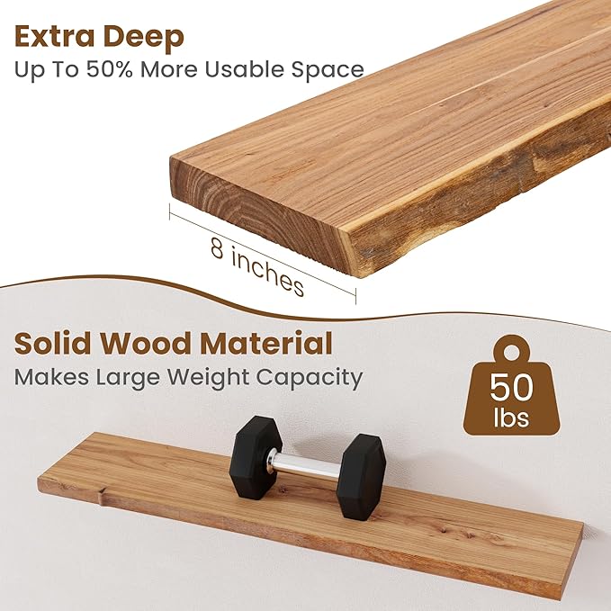 Floating Shelves for Wall Decor, Rustic Solid Elm Wood Floating Shelves Wall Mounted, Wall Shelves with Invisible Bracket for Living Room Bathroom Bedroom Kitchen, 36 Inch Set of 2, Natural