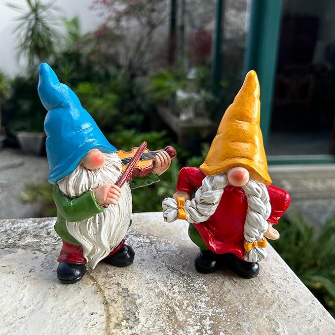 Garden Gnome Duo Decorative Figurines 5.5“ Ornament for Indoor Outdoor Home Garden Decor,Musical Violin Player and Dancing, Colorful Outdoor Statues, Set of 2