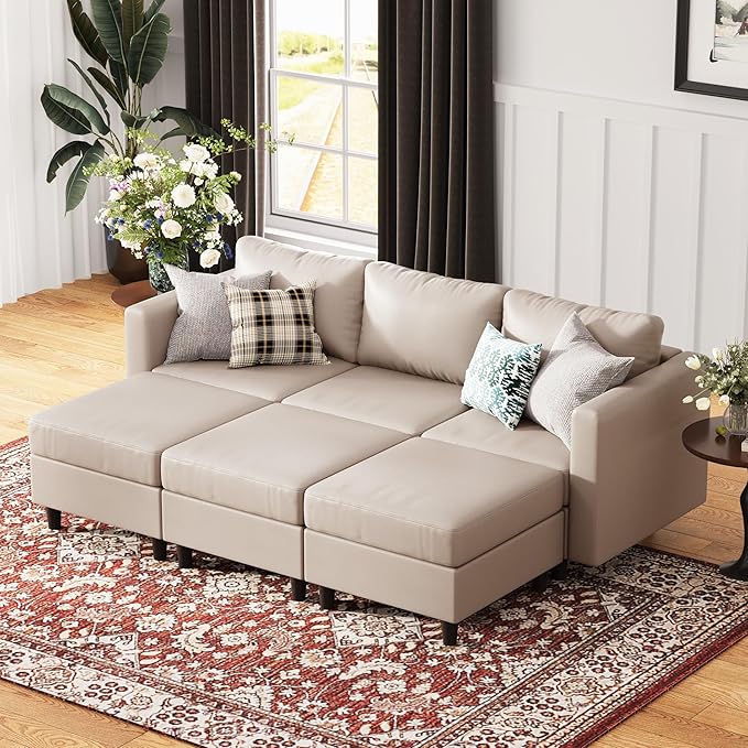 91.5" Luxury Modular Sleeper Sofa Bed with Storage Seat, 6 Seat Sectional Couch Deep Seat with Reversible Chaises & Removable Cover for Living Room - Faux Leather Whitesand