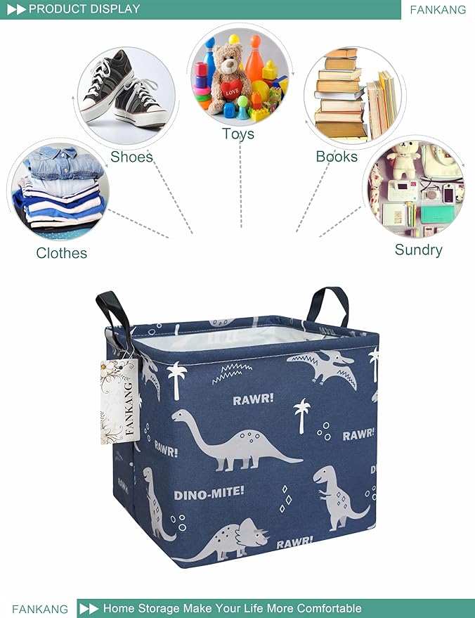 FANKANG Square Nursery Hamper Storage Bins Canvas Laundry Basket Foldable with Waterproof PE Coating Storage Baskets Gift Baskets for Children, Office, Bedroom, Clothes(Square-Blue dinosaur )