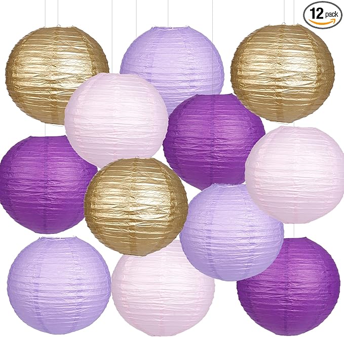 Paper Lanterns Purple Gold Round Hanging Chinese Lanterns for Birthday Baby Shower Bachelorette Party Decorations Pack of 12