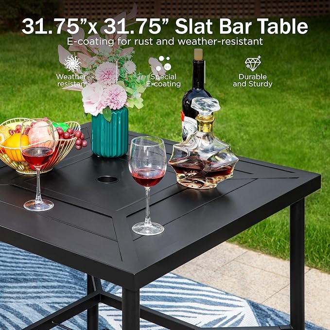 PHI VILLA 3 PCS Patio Bar Set, Bar Height Chair with 3.5" Thicker Cushion & Retro-Metal Square Table,Sturdy and Durable,Outdoor Height Bar Dining Set for Poolside,Yard