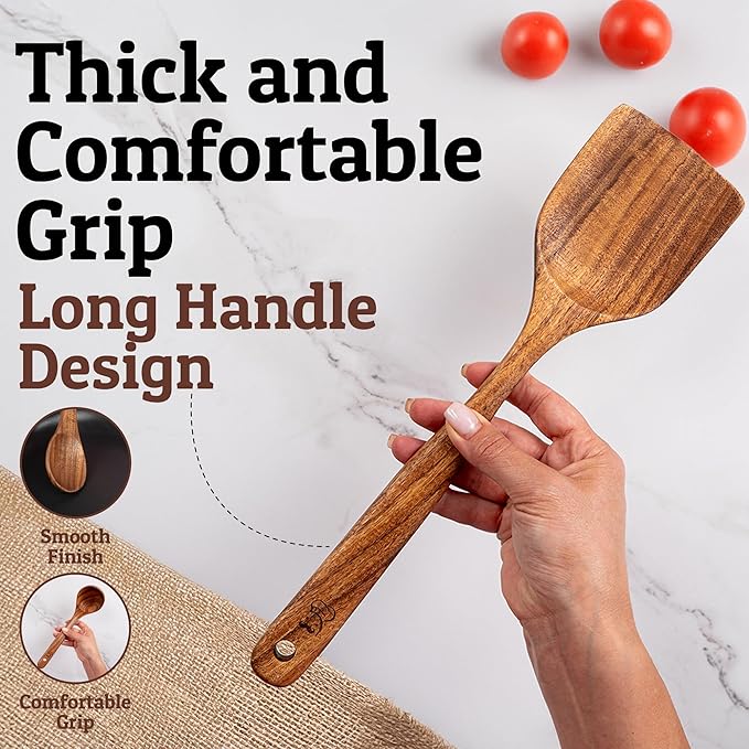 PriorityChef Premium Wooden Spoons for Cooking - 8pc with Utensil Holder, Spoon Rest and Hanging Hooks, Smooth Finish Teak Wooden Utensil Set, Heat-Resistant & Nonstick Safe, Ideal for Gifting