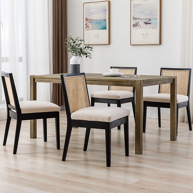 VESCASA Upholstered Dining Chairs with Square Rattan Back, Armless Padded Linen Cushion Dining Chairs with Wood Legs for Dining Room, Kitchen, Set of 6, Black Frame