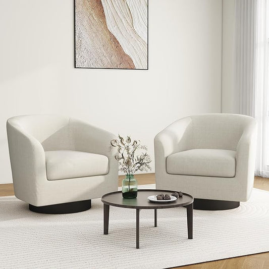 Swivel Barrel Accent Chair, Modern Round Linen Arm Chair for Living Room, Bedroom, Comfy Club Reading Chairs for Adults(Linen Fabric, Beige, Set of 2
