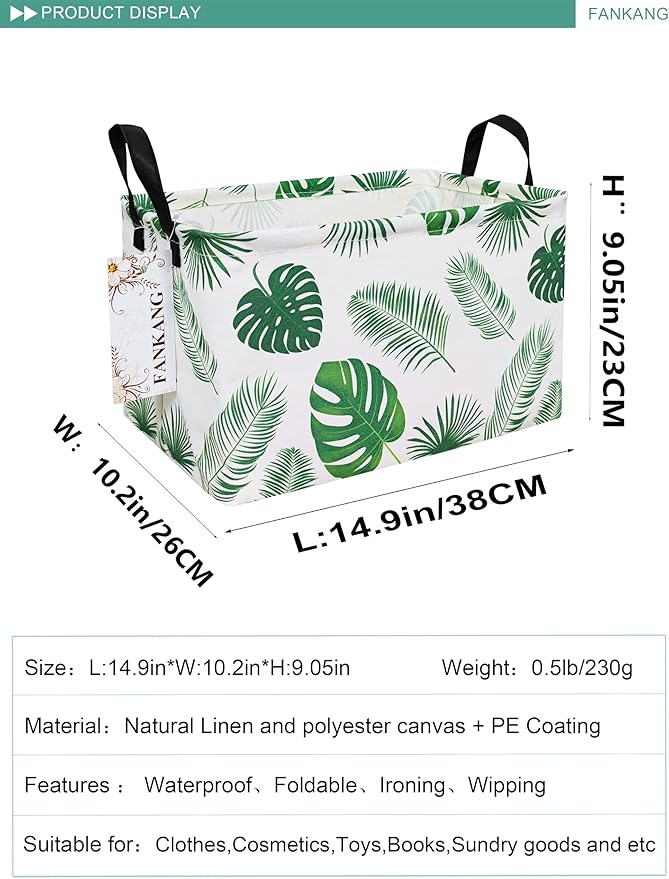 FANKANG Storage Bins, Nursery Hamper Canvas Laundry Basket Foldable with Waterproof PE Coating Large Storage Baskets for Kids Boys and Girls, Office, Bedroom, Clothes,Toys(Rec-Leaf )