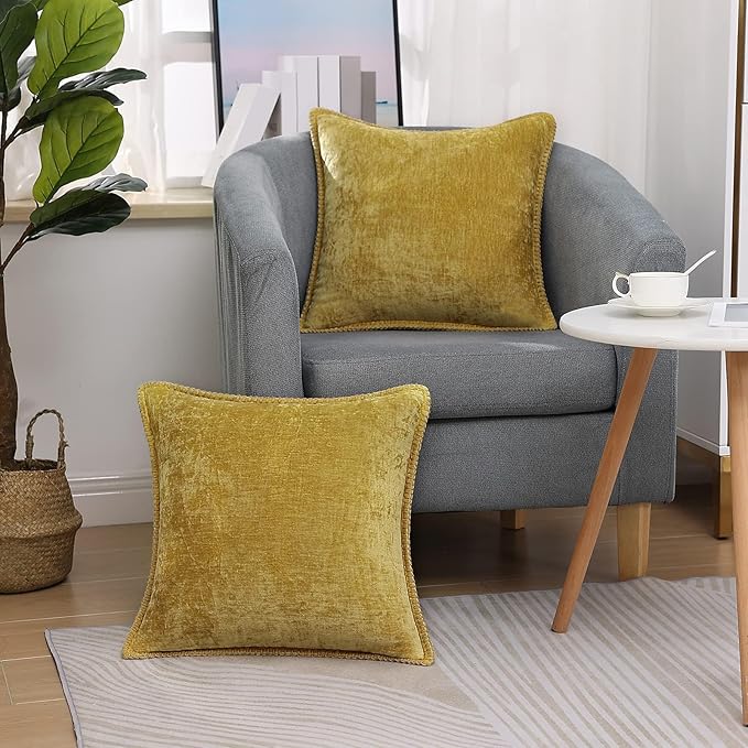 decorUhome Chenille Soft Throw Pillow Covers 24x24 Set of 2, Farmhouse Velvet Neutral Decorative Euro Pillow Covers with Stitched Edge for Couch Sofa Bed Home Decor, Mineral Yellow