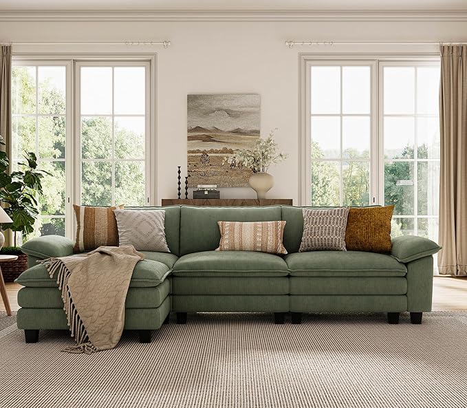 LINSY HOME Modular Sectional Sofa - 123'' Oversized Corduroy Cloud Couch L Shaped Couch with Movable Ottoman Soft Modern Comfy Sofa for Living Room Apartment Office, Green