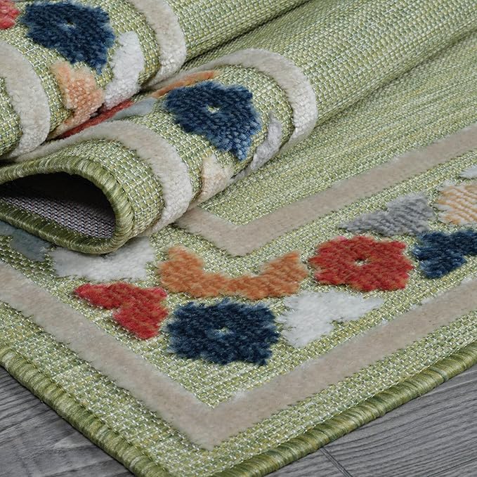 Beverly Rug Outdoor Runner Rug 2x7 Modern Floral Bordered Area Rugs for Indoor and Outdoor Patio Easy to Clean Non Shedding Living Room Porch Garden Washable Outside Carpet (2 x 7 Green)