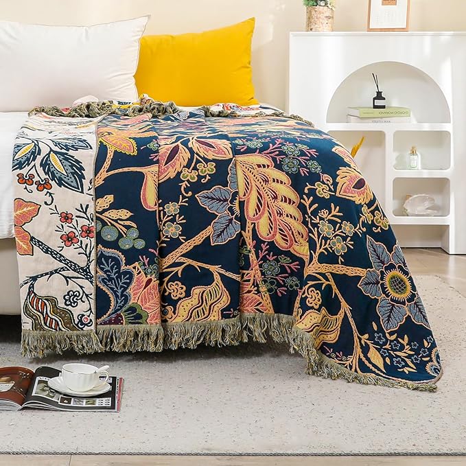 Boho Cotton Throw Blanket - Ultra-Soft Rustic Quilt for Bed, Home Decor & Travel - Large 60"x80" Muslin Blanket - All-Season Lightweight Bedspread & Throw for Women & Moms
