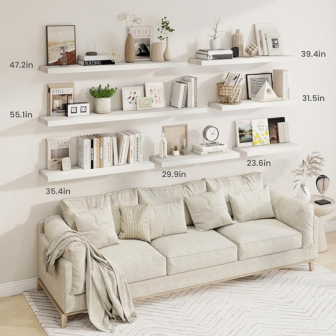 Fun Memories 40" Rustic Wood Floating Shelves with Invisible Brackets for Storage & Decor, Deep Wall Mounted Shelves for Bathroom, Kitchen, Living Room (White, Set of 2)