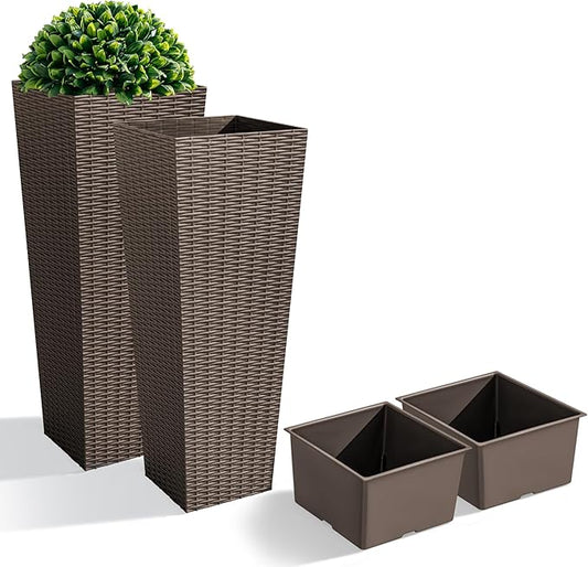 JUMMICO Set of 2 Resin Rattan Tall Planters for Outdoor Plants, Large Tapered Planters with Drainage Holes&Inner Trays, Flower Pots for Garden, Patio, Porch, Backyard (Brown, 32'')