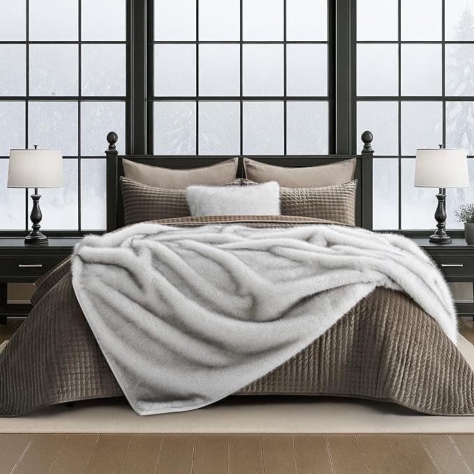 Luxury Faux Fur Throw Blanket, Soft Fluffy Faux Mink Blankets for Bed, Couch, Sofa, Thick Cozy Plush Warm Fur Throws with Reversible Velvet, Frosted White Wolf, 50"x60"