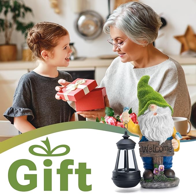 Garden Gnome Outdoor Statues with Solar Lights,Resin Flocked Solar Gnome Statue Holding Lantern,Outdoor Gnomes Decorations for Garden, Patio Gnome Gifts for Mom