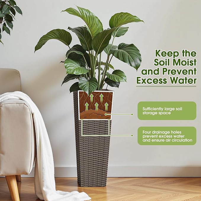 Devoko Resin Tall Planters for Outdoor Plants Set of 2, Large Taper Outdoor Planter Pots with 4 Drainage Holes, Flower Pots Modern Decor for Porch, Patio, Backyard, Home Garden (Brown, 24")