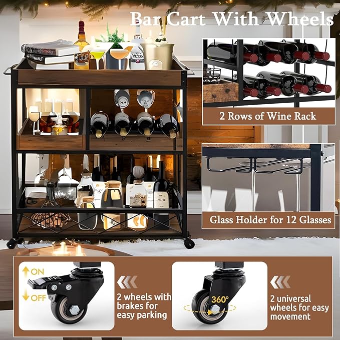 Vintage Bar Cart with Removable Tray and Wheels, Mobile Home Bar Serving Cart with Wine Rack, Glass Holder and Storage Shelves, 3-Tier Rolling Beverage Cart for Home or Patio