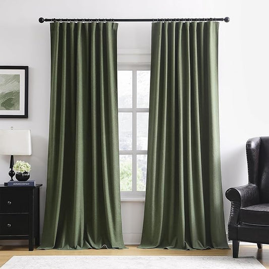 RAIN CITY Extra Wide Linen Blackout Curtains & Drapes with Hooks 70 in Width for 60&72 Inch Window 2 Panels,Back Tab Pleated Curtains for Track System Sliding Glass Door 70x102,Loden Olive Green