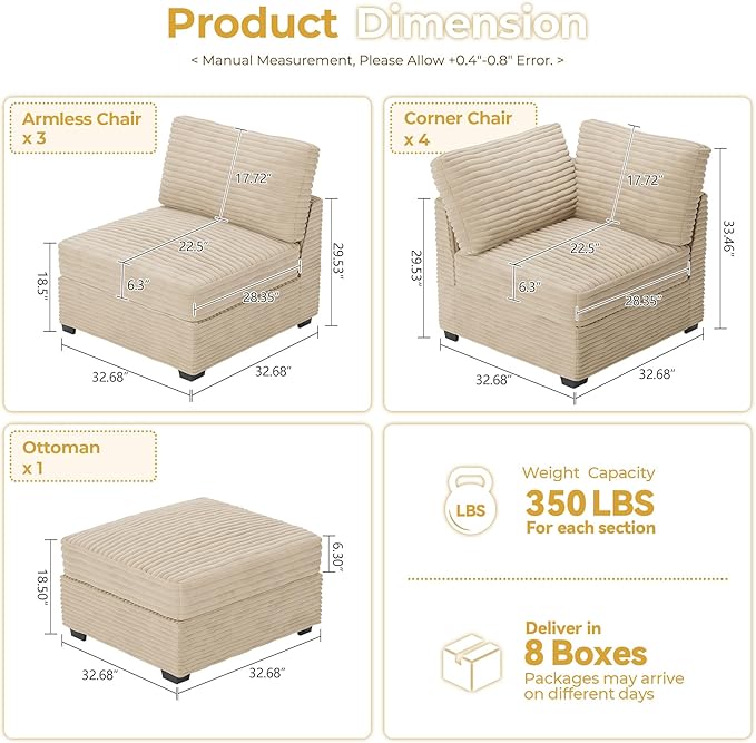 HOOOWOOO Modular Sectional Sofa,8 Pieces Sectional Couches for Living Room,131X98 G Shaped Cloud Couch with Ottoman Chaise Set(Beige Velvet Corduroy)