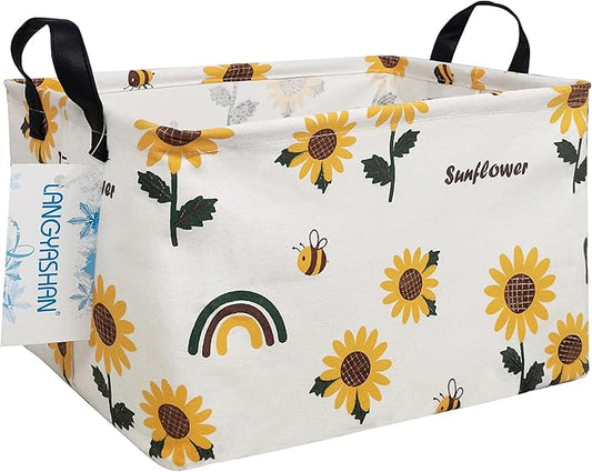 LANGYASHAN Rectangular Storage Bin Collapse Canvas Fabric Cartoon Storage Basket with Handles for Organizing Home Kitchen Boys and Girls Toys Office Closet Shelf Baskets(Rec Sunflower)