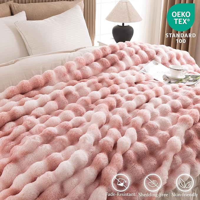 Cozy Faux Fur Throw Blanket for Couch-Warm Fuzzy Throw Blanket, Soft Plush Thick Bubble Blankets for Bedroom and Living Room, Furry Luxury Blanket, 90 x 108, Tie-Dye Pink