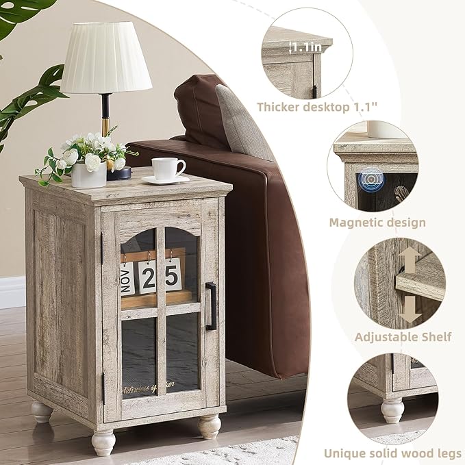 Narrow Side Table,Farmhouse Nightstand with Charging Station,Wood End Table with Glass Barn Door Storage, Cabinet Organizer with Adjustable Shelf, Night Stand for Small Spaces for Living Room Bedroom