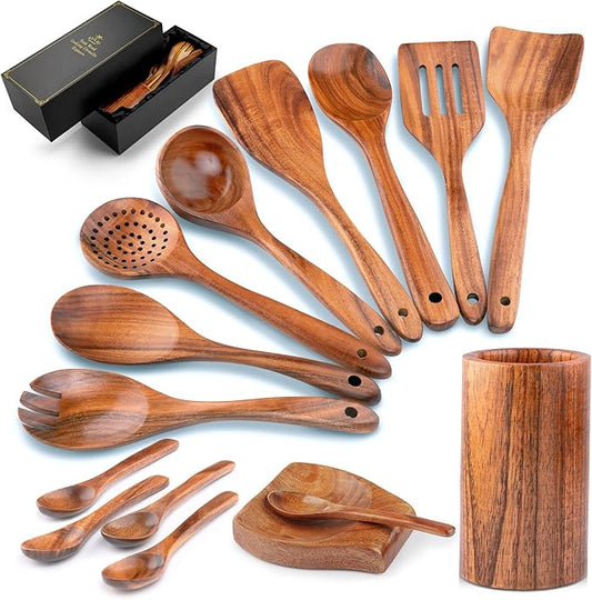 Zulay Kitchen 15-Piece Teak Wooden Utensils for Cooking - Natural Teak Utensil Set with Premium Gift Box - Non-Stick Wooden Spoons for Cooking - Kitchen Gift Set - Comfortable Grip Wooden Utensil Set