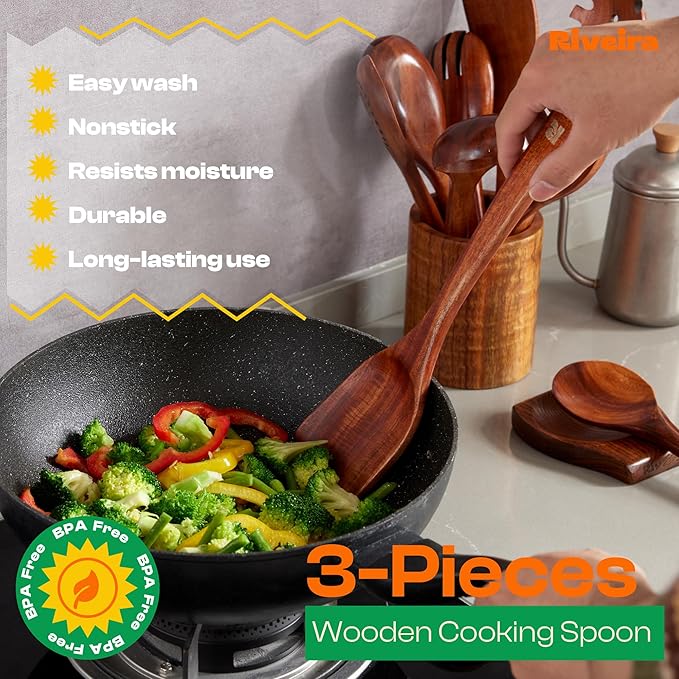 Riveira Set of 3 Dark Teak Spoons for Cooking - Wooden Kitchen Utensil Set - Non-Toxic Cooking Utensils - Wooden Spatula for Cooking - Teak Wood Utensils for Non-Stick Cookware