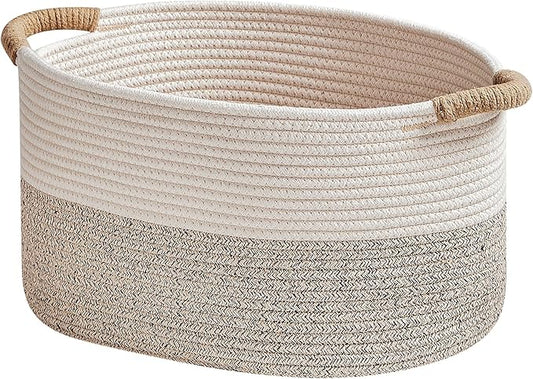 Storage Baskets for Organizing | 15"x10.2"x9.1" - 1 Pack Nursery Bin with Handles - Woven Cotton Rope Baskets for Dog Toys, Books, Shelf, Bathroom,Closet -Stylish Storage | White & Beige