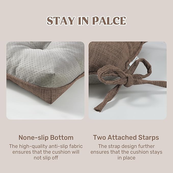 puredown® Chair Cushions for Dining Chairs, Tufted Memory Foam Chair Pads with Non-Slip Backing, Kitchen Seat Cushions with Ties, Washable Seat Pad Set of 4, 15.5" x 15.5" x 4", Coffee