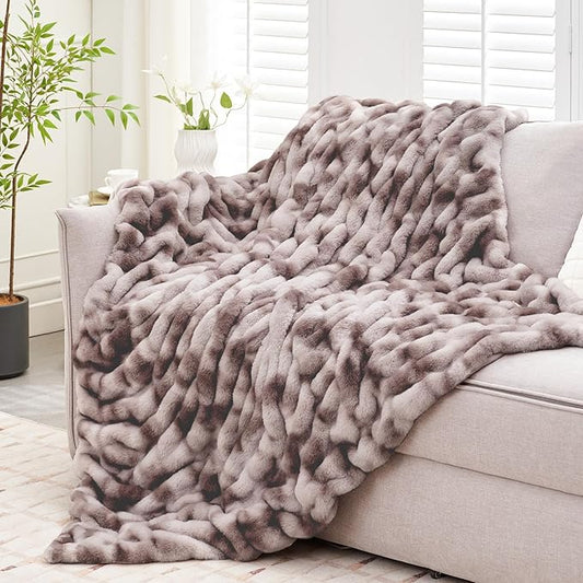 Ultra Soft Luxury Faux Fur Throw Blanket for Counch,Fuzzy Fluffy Plush Warm Cozy Elegant Wrinkled Blanket for Sofa Bedroom Living Room,(50"x60",Tie-dye Taupe)