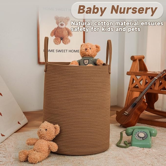 Large Woven Laundry Basket Hamper,100L Cotton Rope Storage Bin for Blankets,Toys and Clothes,Decorative Tall Nursery Hamper for Living Room,Baby Nursery,Bathroom and Bedroom,Golden Jute