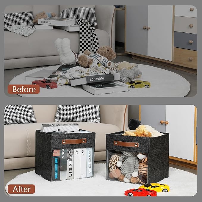 HNZIGE Fabric Cube Storage Bins 11 x 11, Collapsible Storage Cubes Bins for Storage Shelves,Foldable Cube Storage Bins for Storage, Cubby Closet Clear Bins for Storage Blanket(Prints Black 6PCS)