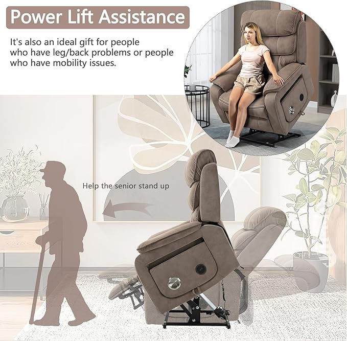 Power Lift Recliner Chair for Adults Elderly Lay Flat Velvet Recliners with Massage Heating, Extended Footrest, Wireless Charging Device, USB Ports, Cup Holder, Lumbar Pillow