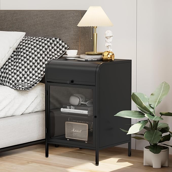 Modern Metal Side Tables Set of 2, End Tables with Glass Door, 2-Tier Nightstands with Storage Shelves, Accent Table, Slim Sofa Table for Living Room, Bedroom (Black)