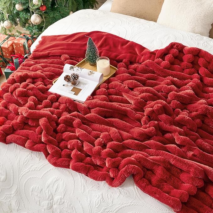 Cozy Bliss Faux Fur Throw Blanket for Couch, Cozy Warm Plush Striped Blanket for Sofa Bedroom Living Room,50 * 60 Inches Cardinal Red