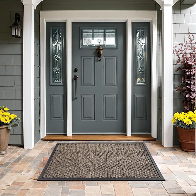 Mibao Front Door Mat Outside Entrance, Durable Outdoor Indoor Mat, Low Profile Heavy Duty Doormat, Non-Slip, Traps Dirt and Moisture, Easy Clean Patio Porch Entryway Mat, 17" x 29.5", Brown