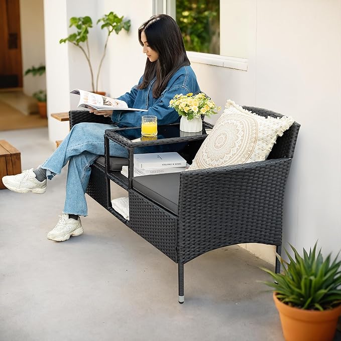 Flamaker Outdoor Furniture Patio Loveseat Wicker 2-Seat with Built-in Table and Cushions Rattan Porch Chairs Bench for Balcony, Lawn, Backyard (Grey)
