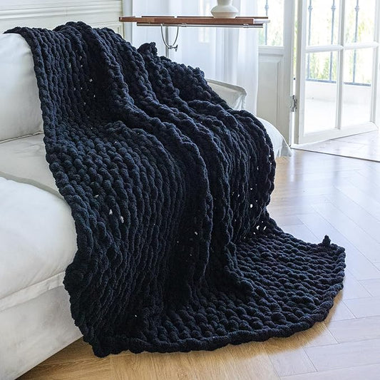 Chunky Knit Blanket - Luxury Soft Cozy 50 * 60 Throw Blanket,100% Woven Blanket Rope Knot Throw Blanket for Couch, Sofa, Home Decor, Gift - Machine Washable(Black)