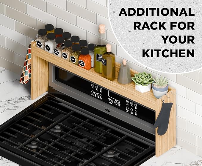 Edgecrest Bamboo Over The Stove or Sink Modern Spice Shelf, No Annoying Middle Screw, 31.5โ Wide Storage, 11.4โ High Countertop Shelf, 6 Side Hooks, Easy to Assemble, Eco-Friendly Durable Material