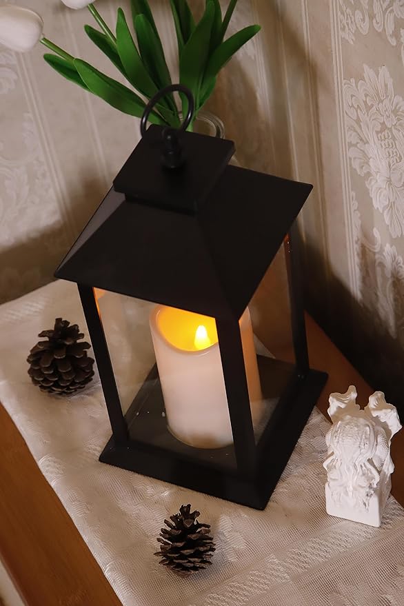YAKii Hanging Glass Panes Lantern Portable Led Lantern Decorative Operated by 3AAA Battery Use for Garden Yard, Indoor Decoration Candle (Black)