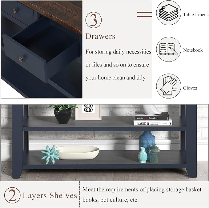 Farmhouse Wood Entry Console Table 48-Inch Modern Sofa Entryway Table with Drawers and Storage Shelves for Entrance Living Room (Blue)