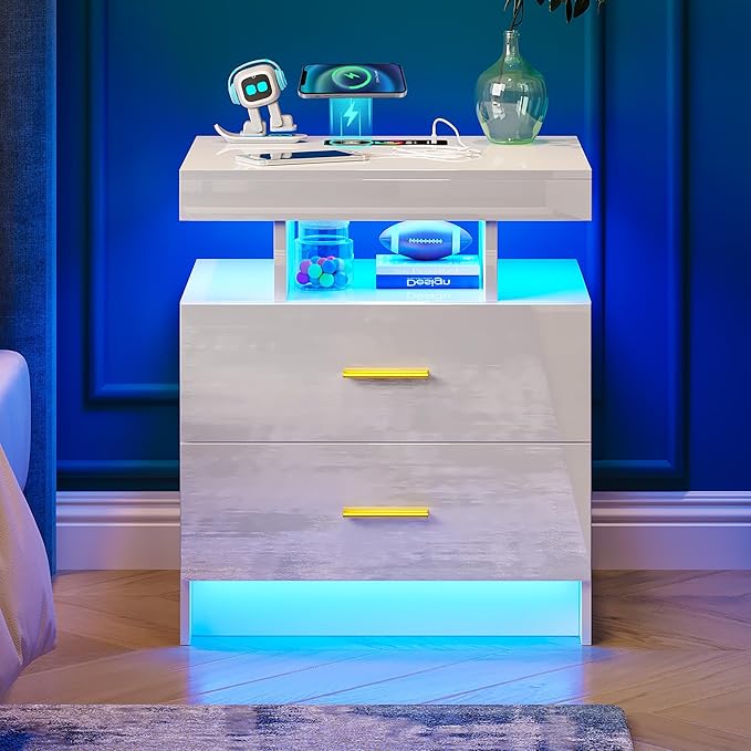 Night Stand with Light, High Gloss Nightstand with USB/Wireless Charging Station, LED White Nightstands with Storage Drawers, RGB Side End Table for Bedroom Furniture(White