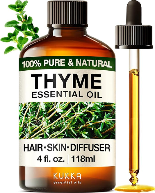 Kukka Thyme Essential Oil for Hair, Skin & Diffuser - 4 Fl Oz - 100% Pure Natural Thyme Oil, Herbaceous Scent, for Aromatherapy & Making Scent DIY
