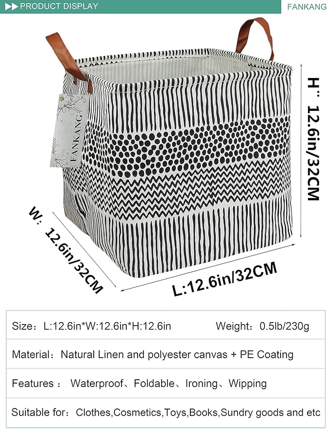 FANKANG Square Nursery Hamper Storage Bins Canvas Laundry Basket Foldable with Waterproof PE Coating Storage Baskets Gift Baskets for Children, Office, Bedroom, Clothes(Square-Black Lines )