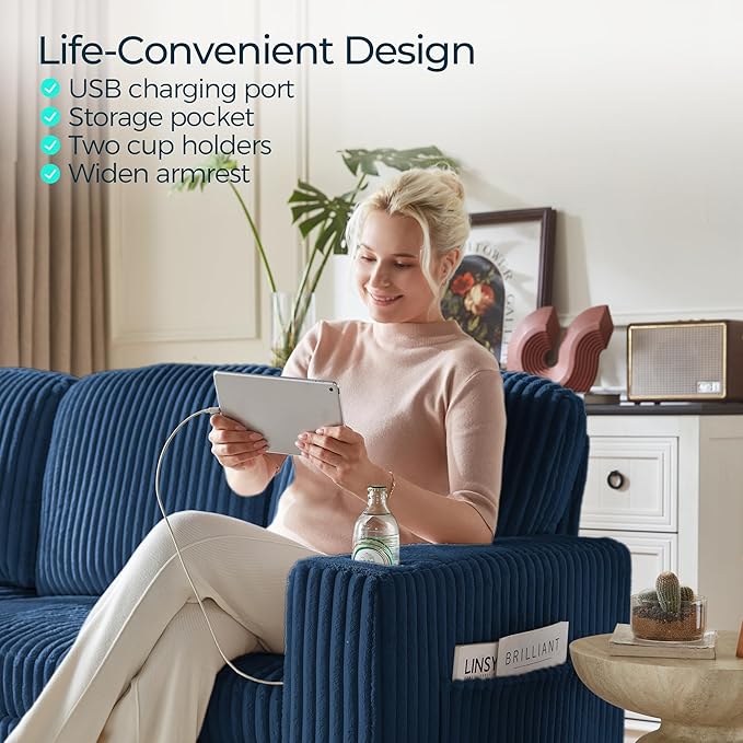 LINSY HOME Sectional Sleeper Sofa with Pull Out Couch Bed - Convertible Plush Corduroy Cloud Couch with Storage Chaise & USB Charging, Comfy L Shaped Modular Couches for Living Room Apartment, Blue