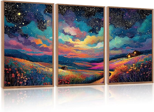 KAIRNE Framed Abstract Midnight Canvas Wall Art,Starry Night Prints Set of 3(16”X24”),Colorful Wildflowers Wall Decor,Nature Night Scene Paintings for Living Room Bedroom office Farmhouse Decoration