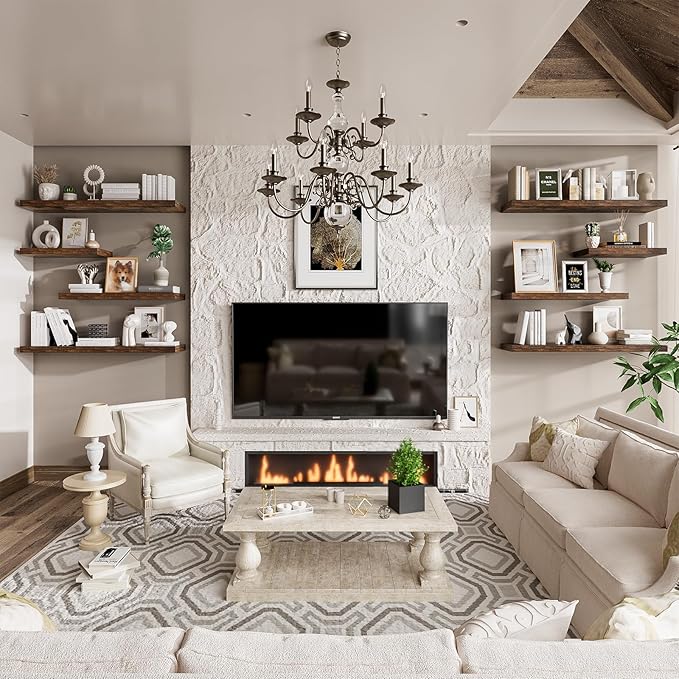 Heimlove 48W x 12D Long Floating Shelf, 12 Inch Deep Floating Shelves for Wall Set of 2, Wood Shelves for Bedroom Living Room Bathroom Kitchen Home Office, Rustic Brown