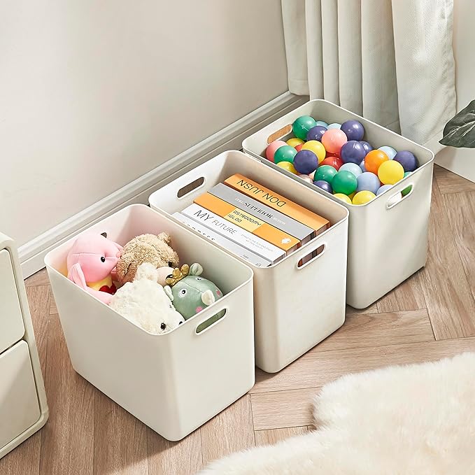 4 pack large plastic White storage bins Baskets, Toy Box Chest with Lids and Handle,Organizer Containers for Baby,Kids,snacks,Nursery,Shelves,Playroom, Bedroom,Office,Closet,home